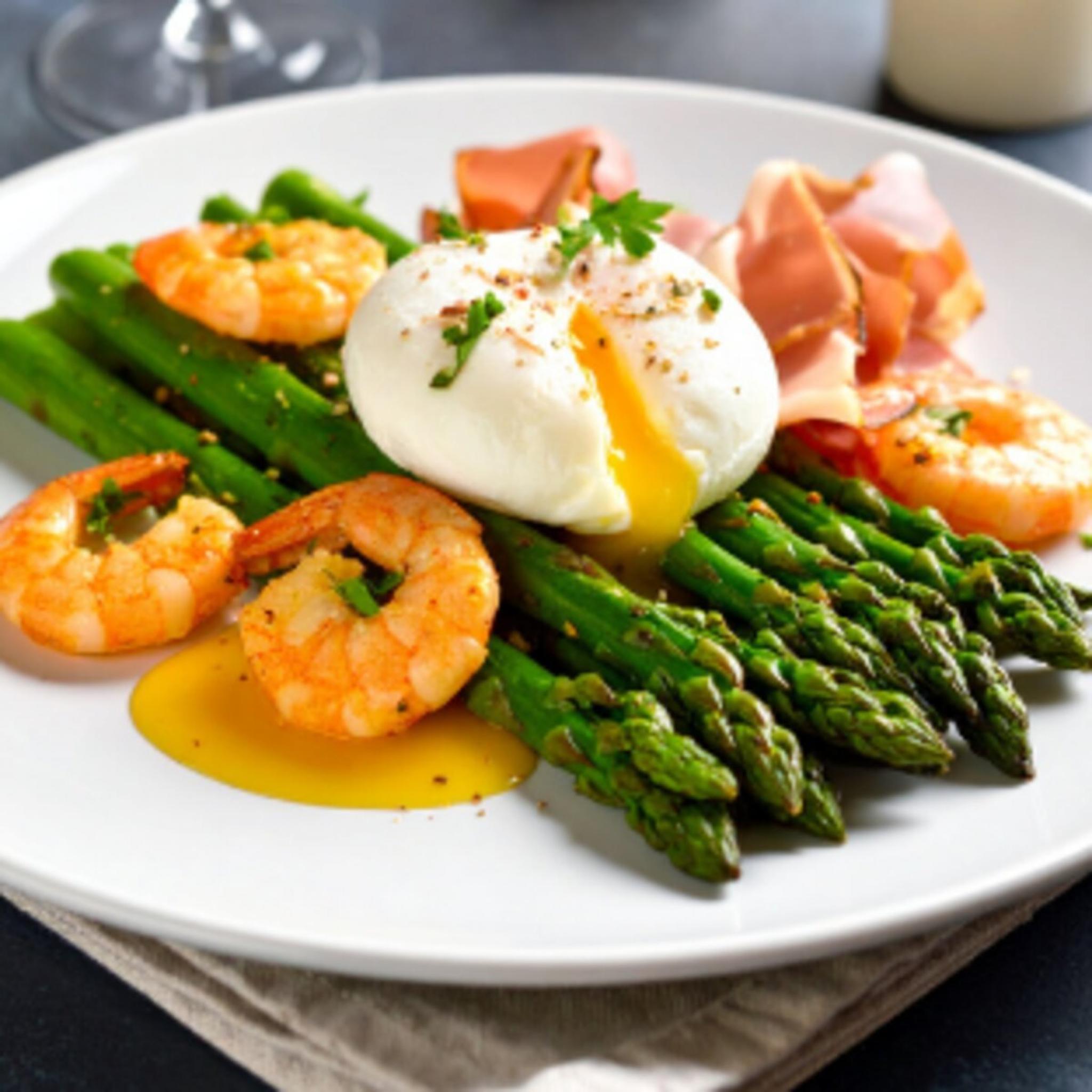 Asperges, Gambas et Œuf Mollet